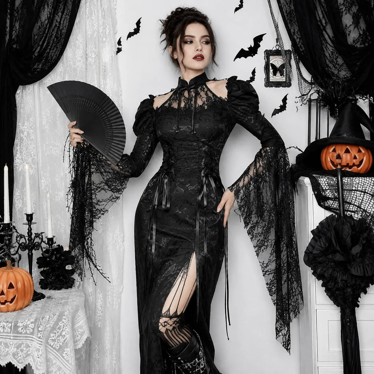 Woman wearing black lace gothic corset mini dress