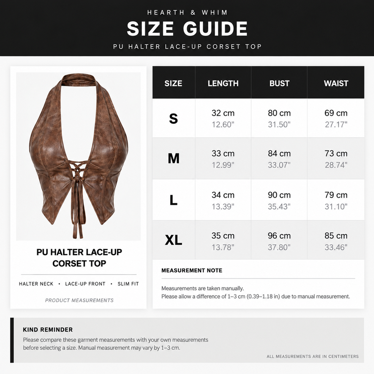 Size chart for Faux Leather Halter Corset Top – Lace-Up Bustier