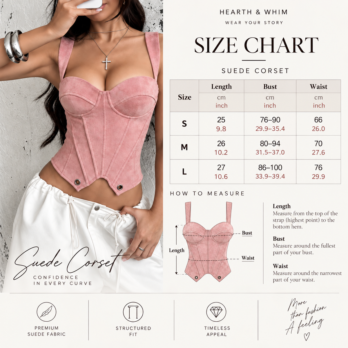 Suede sweetheart bustier corset top size chart with length bust and waist measurements