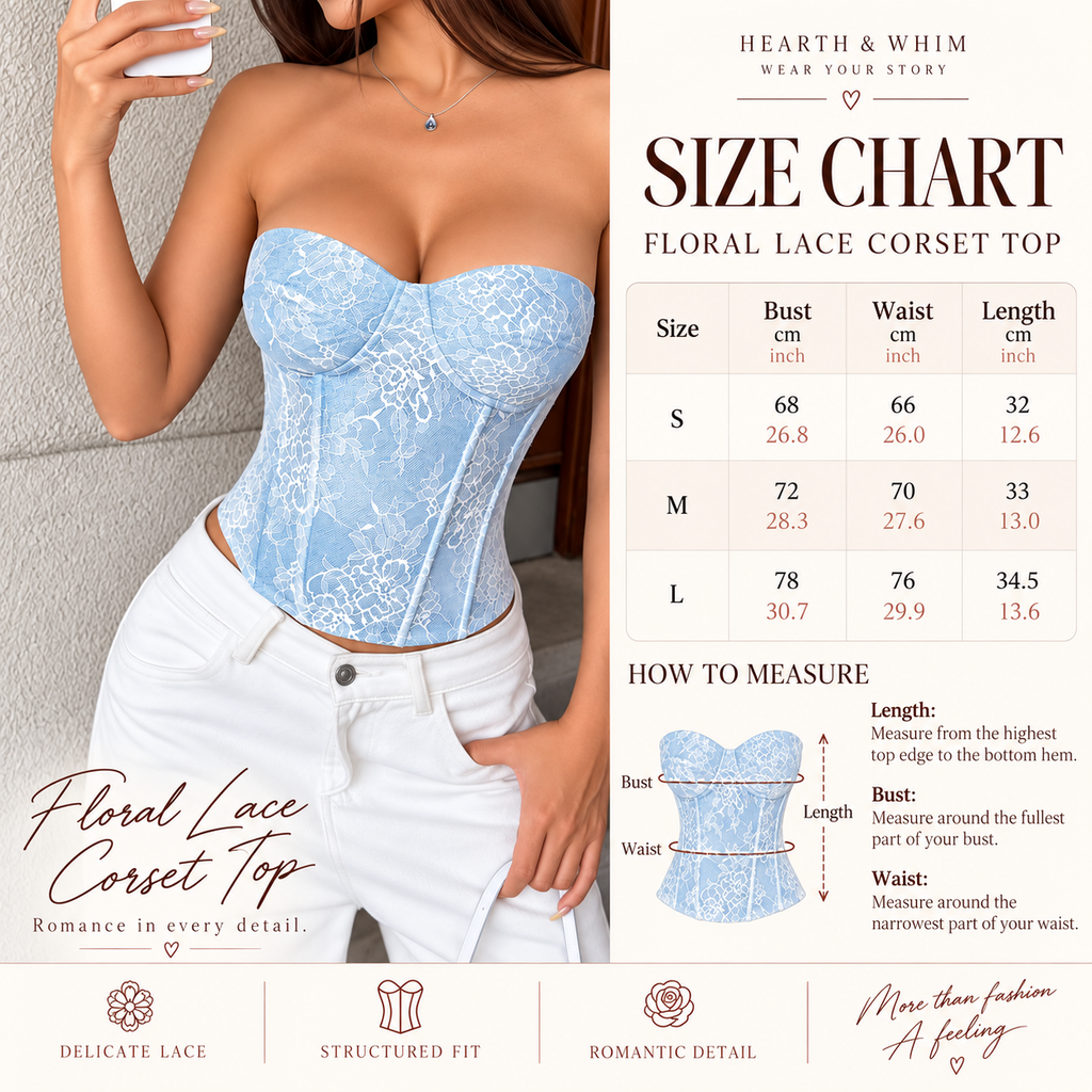 Strapless floral lace corset top size chart with bust waist and length measurements