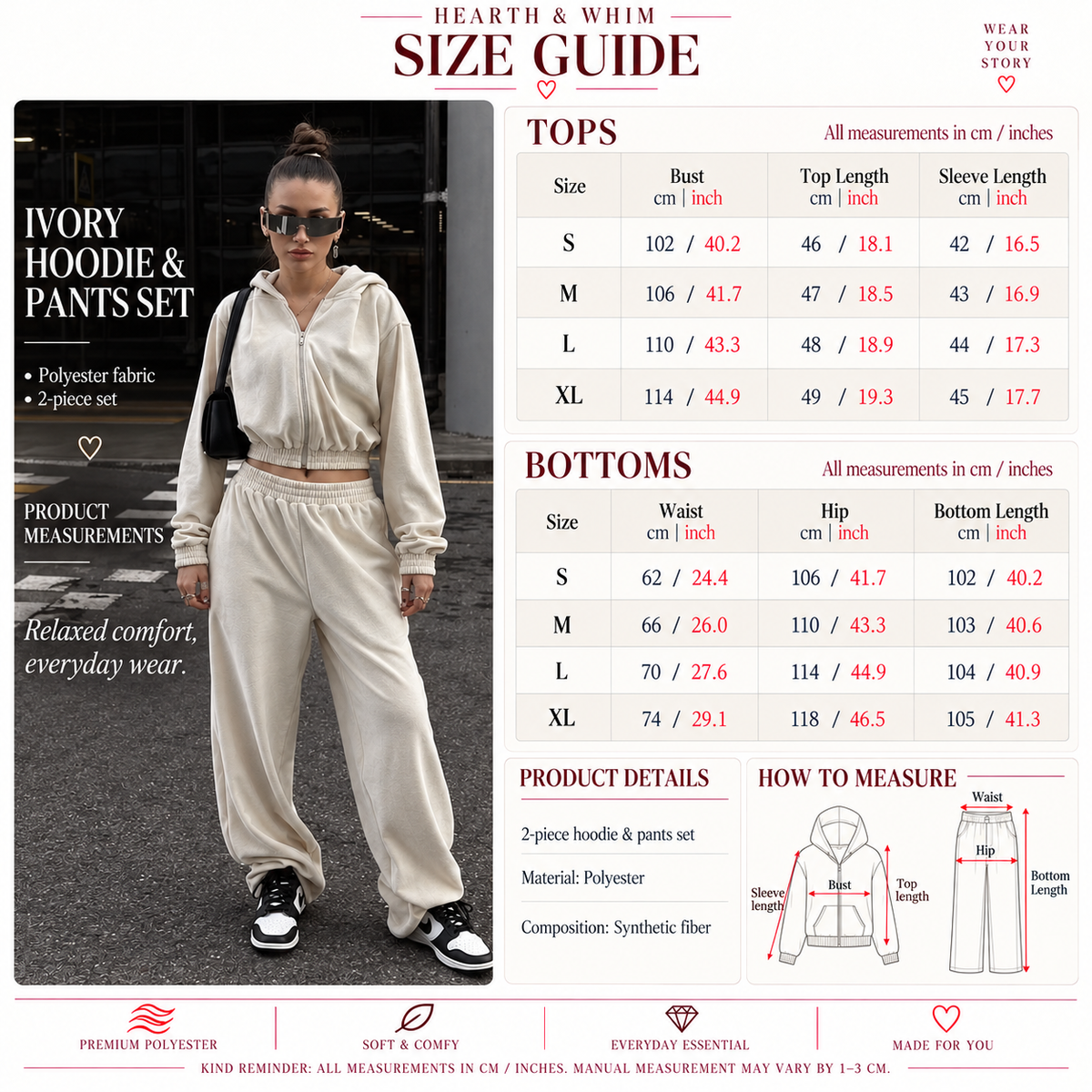 HEARTH & WHIM Cropped Zip Hoodie and Baggy Pants Tracksuit Set size guide with top and bottom measurements in cm and inches