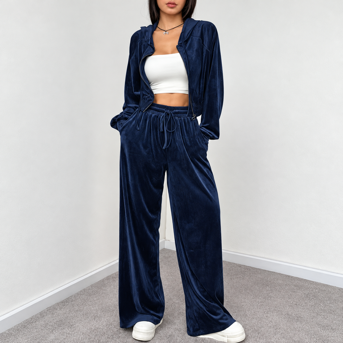 Navy blue velour tracksuit set with cropped zip hoodie, drawstring waist and relaxed wide-leg pants
