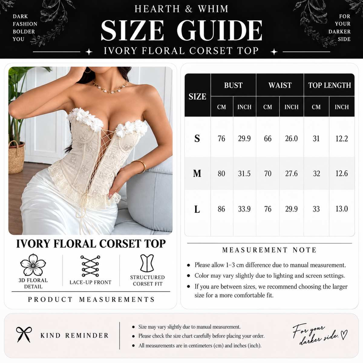 Size chart for 3D Flower Corset Top – Floral Lace-Up Bustier