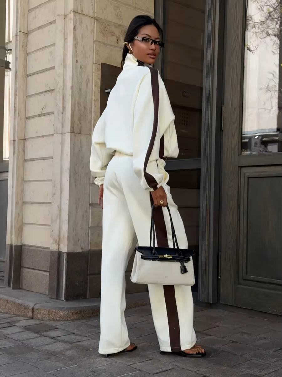 Ivory and brown colorblock tracksuit with high-collar zip jacket and relaxed wide-leg pants