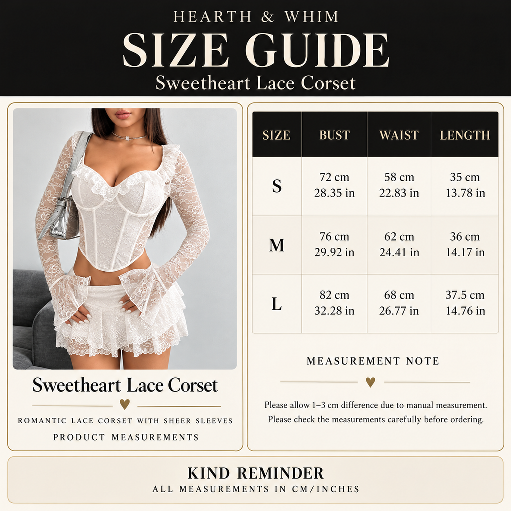 Sweetheart lace corset top size guide with bust, waist, length and sleeve measurements in cm and inches