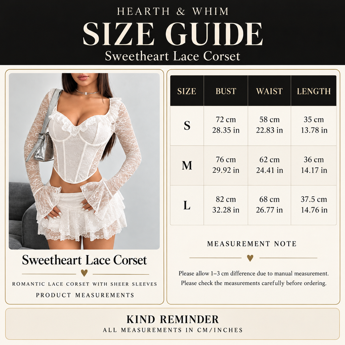 Size chart for Sweetheart Lace Corset Top with Flared Sleeves