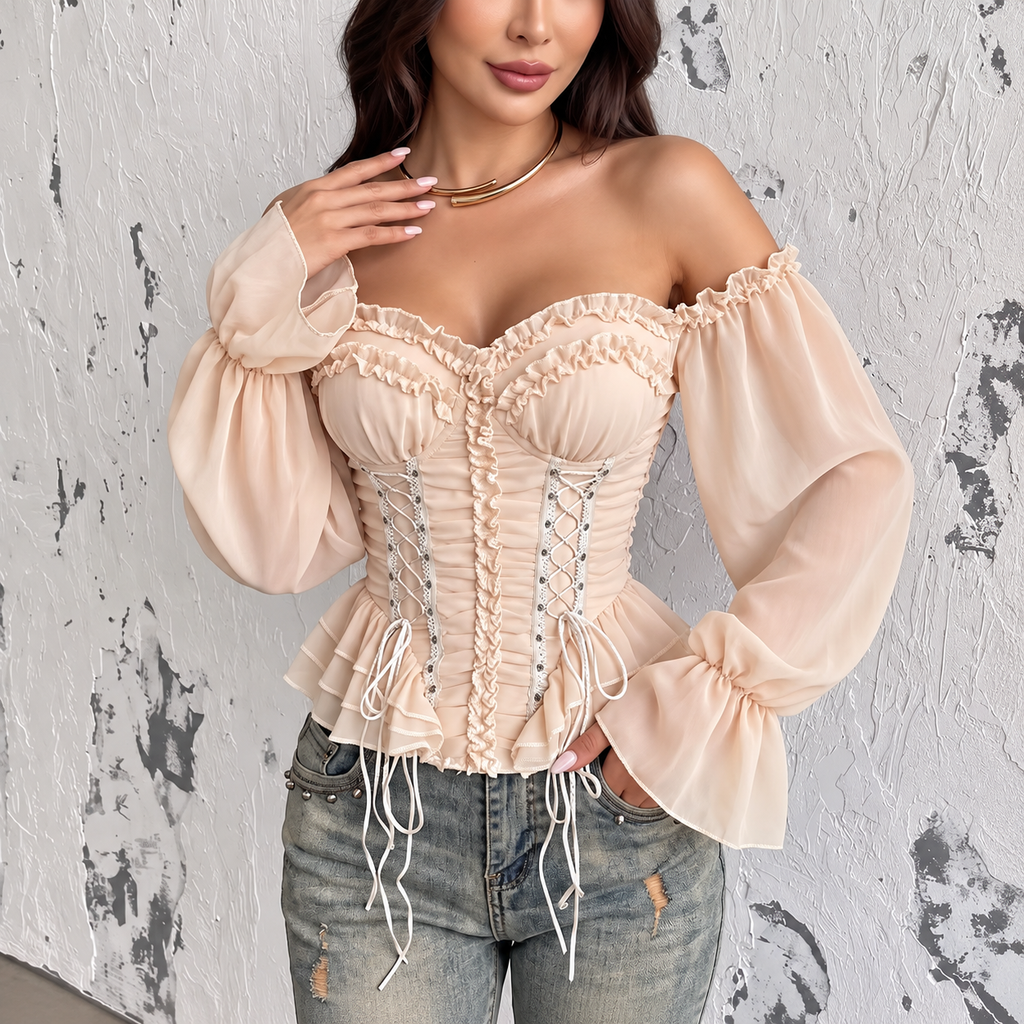 Champagne ruched off-shoulder corset top with ruffle sweetheart neckline, lace-up panels and sheer long sleeves