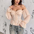 Champagne ruched off-shoulder corset top with ruffle sweetheart neckline, lace-up panels and sheer long sleeves
