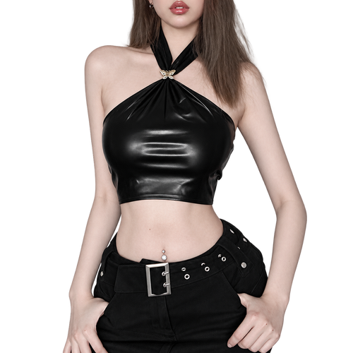 Black Backless Halter Crop Top – product view