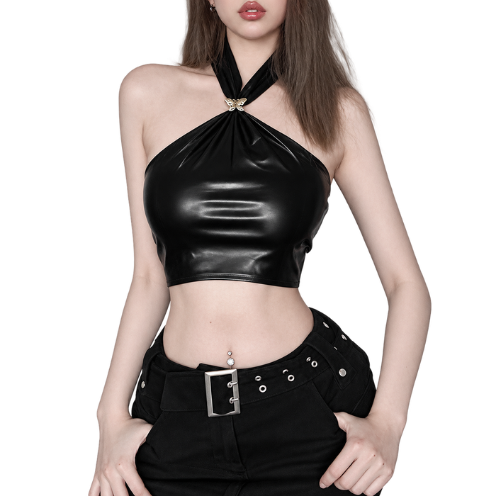 Black Backless Halter Crop Top - Y2K Gothic Going-Out Top