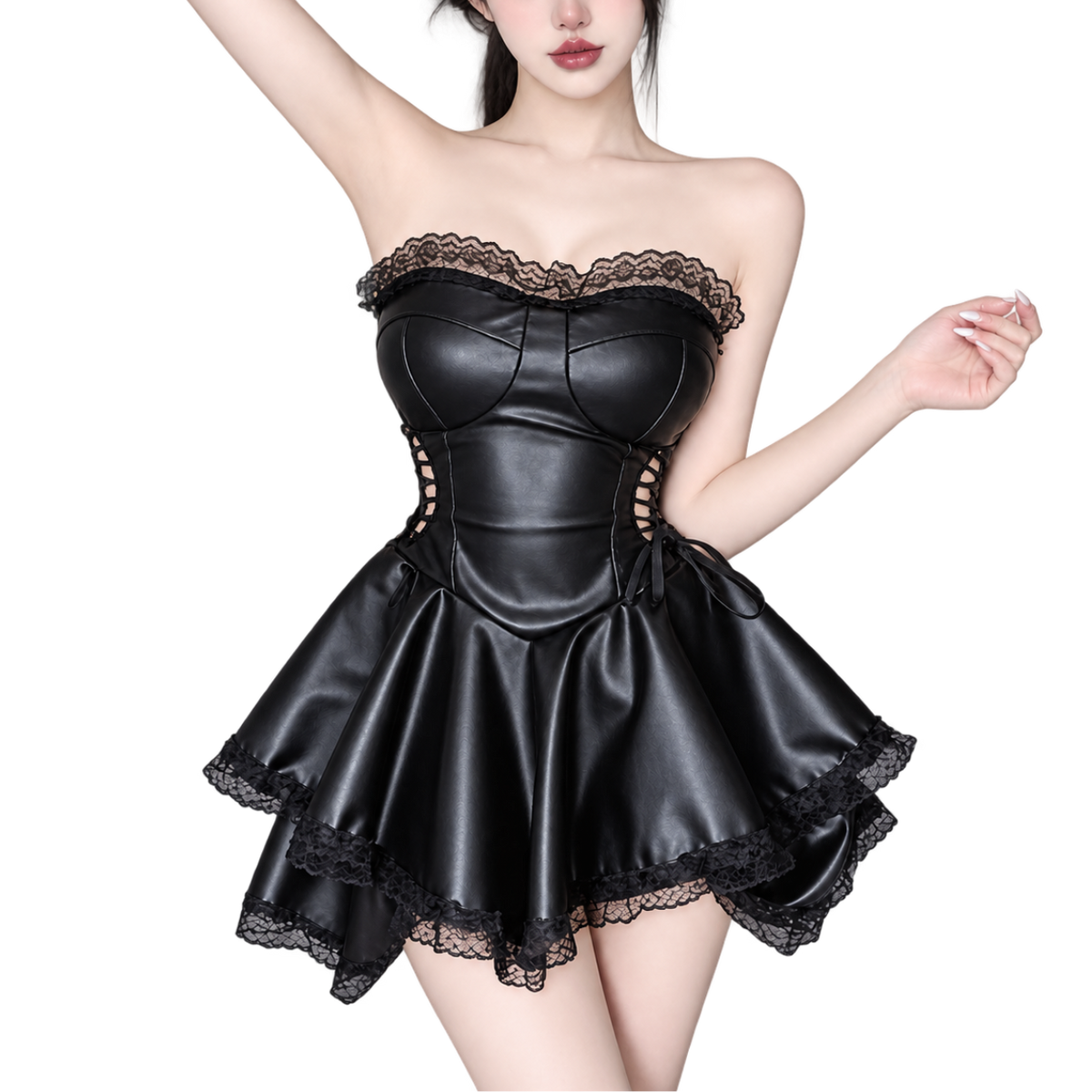 Black gothic faux leather corset mini dress with lace trim – alternate view 2