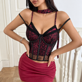 Burgundy leopard print lace corset top with defined bust cups, sheer mesh panels and black trim