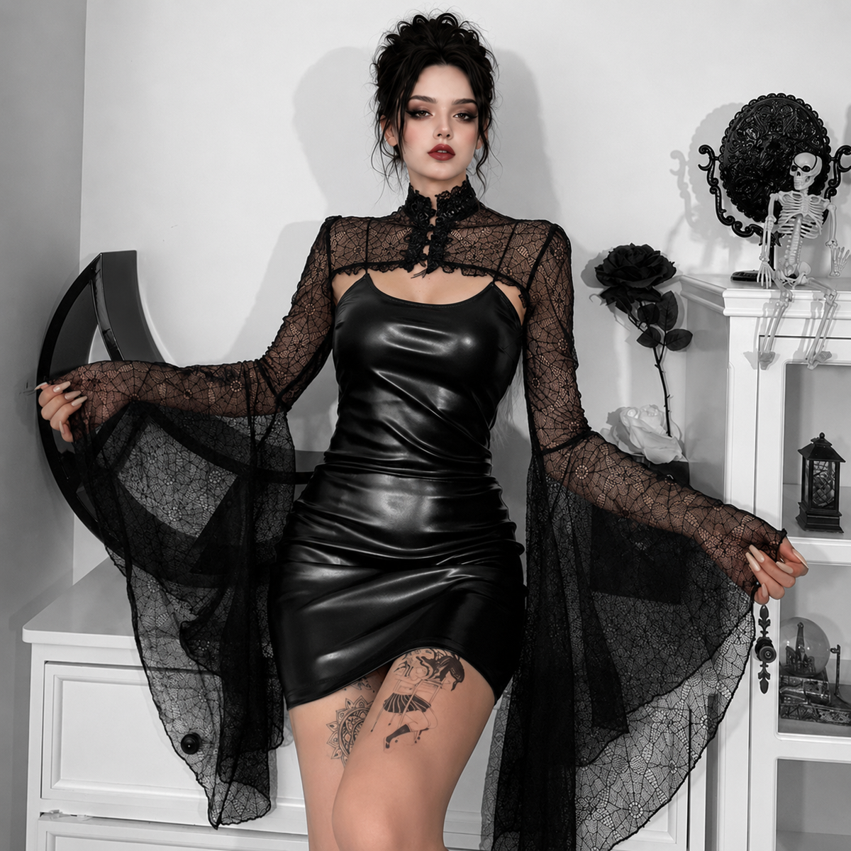 Gothic Mini Dress - Darkwear Style Dress - Sheer Mesh Top - Two-Piece Set -... – product view