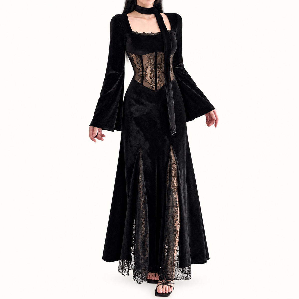 Black velvet lace maxi dress with square neckline and mermaid silhouette