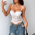 Rose applique lace corset cami top with sheer floral panels adjustable straps and defined cups