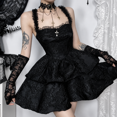 Black Gothic Lace Ruffle Mini Dress – product view