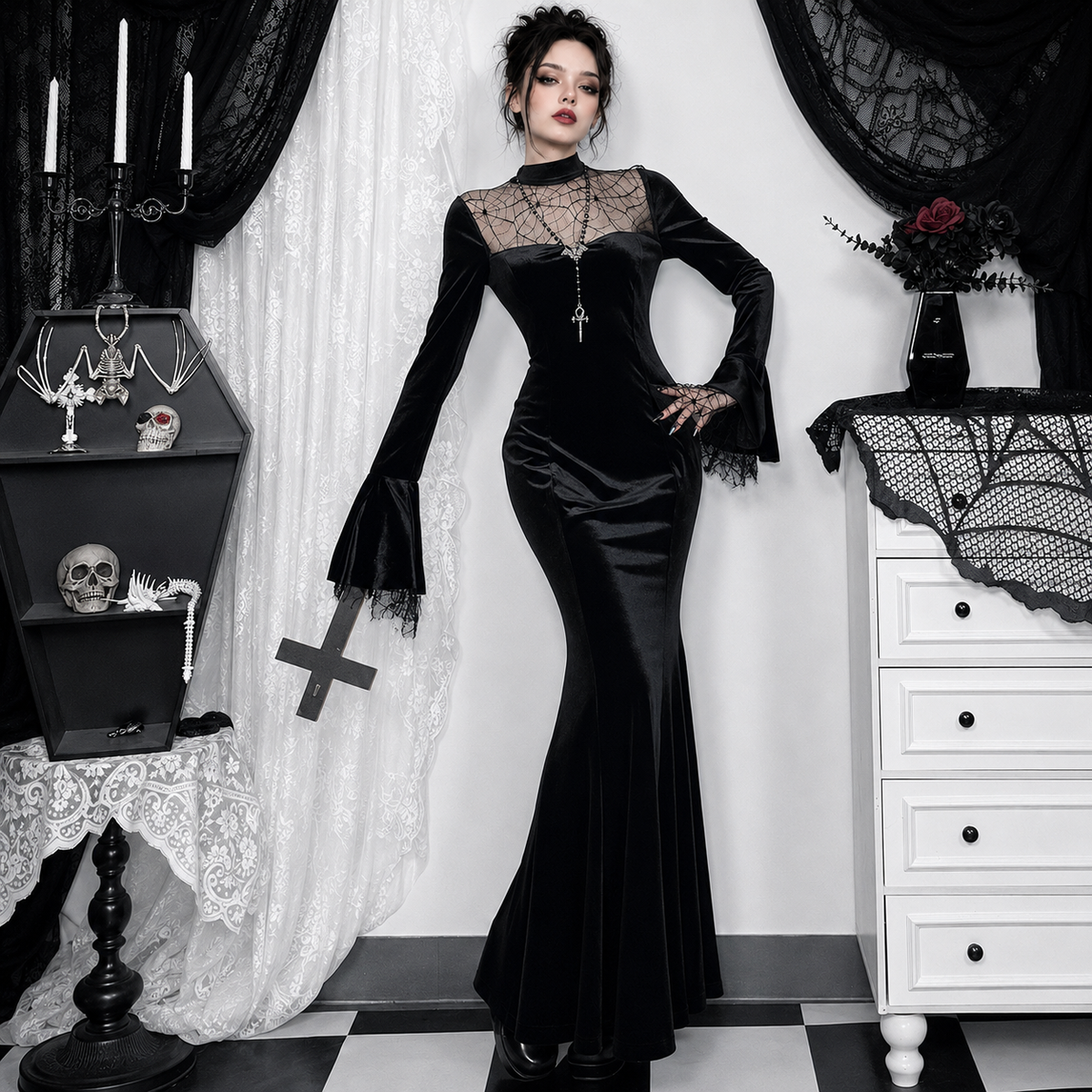 Gothic Spiderweb Lace Maxi Dress – product view