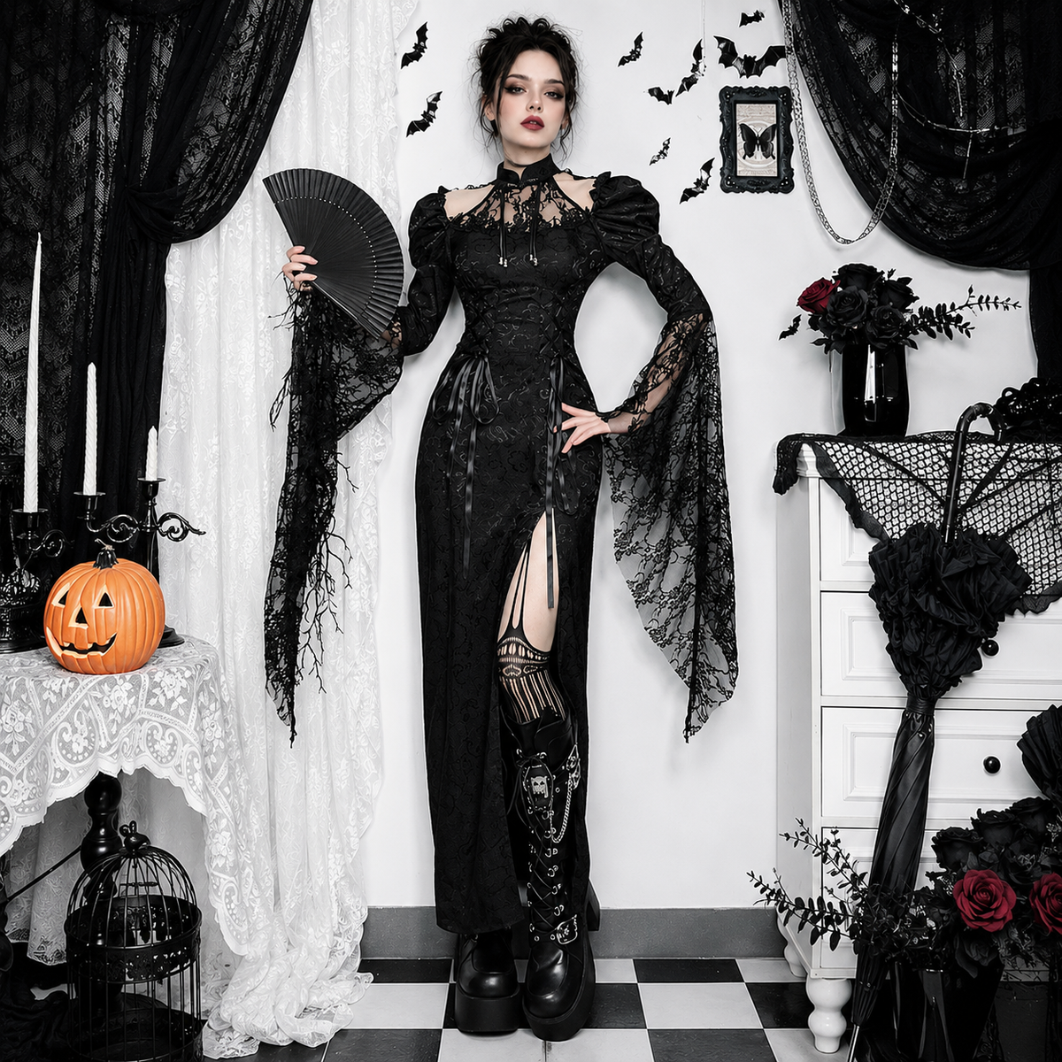 Black Y2K Gothic Lace Maxi Dress – product view