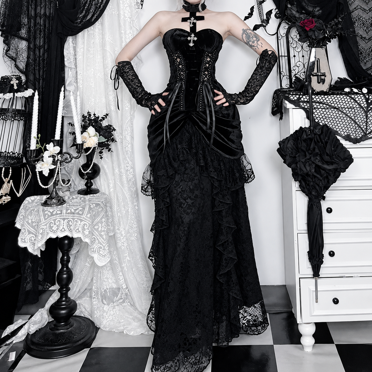 Black Gothic Velvet Lace Maxi Skirt – product view