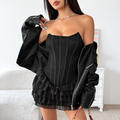 Black lace Basque corset mini dress with structured strapless bodice, tiered ruffle skirt and black leather jacket