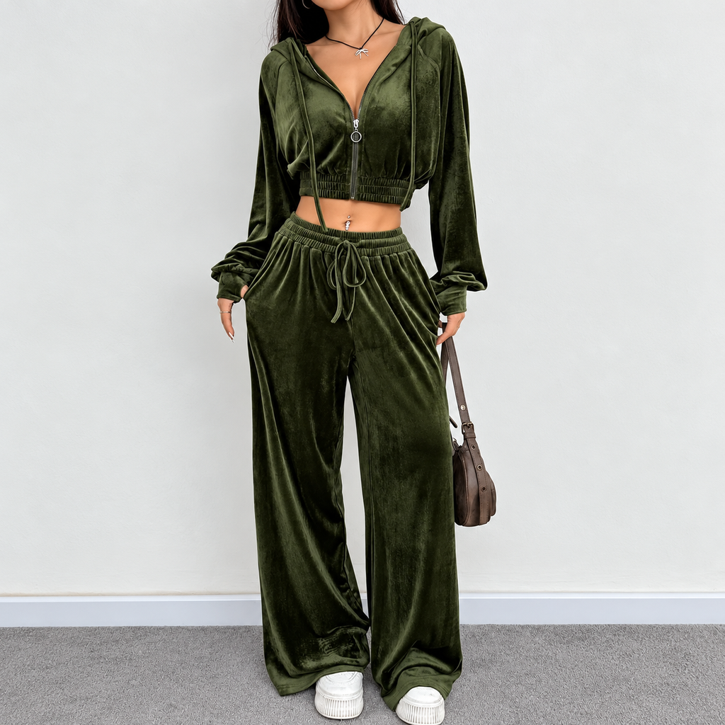 Olive velour tracksuit set with cropped zip hoodie, drawstring waist and full-length wide-leg pants