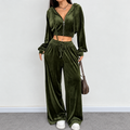 Olive velour tracksuit set with cropped zip hoodie, drawstring waist and full-length wide-leg pants