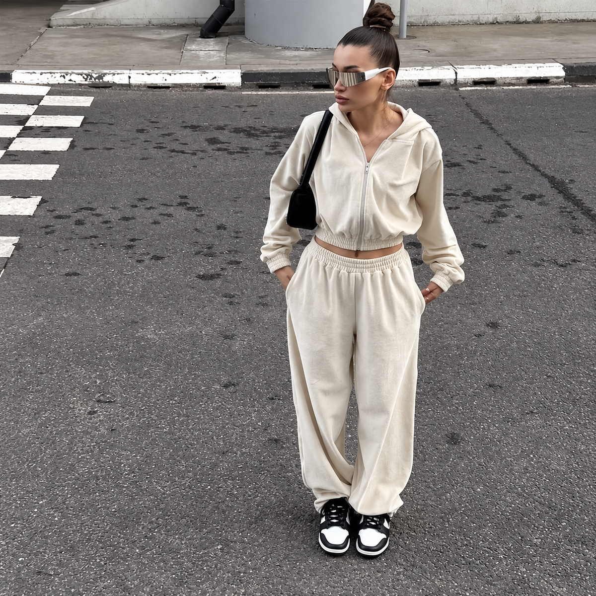 Ivory cropped zip hoodie and baggy pants tracksuit set with elastic waist and relaxed streetwear fit