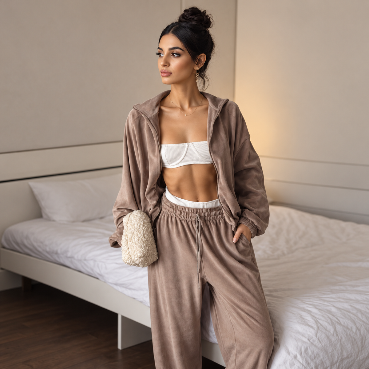 Taupe velour lounge set with zip-front jacket, drawstring relaxed pants and soft plush finish