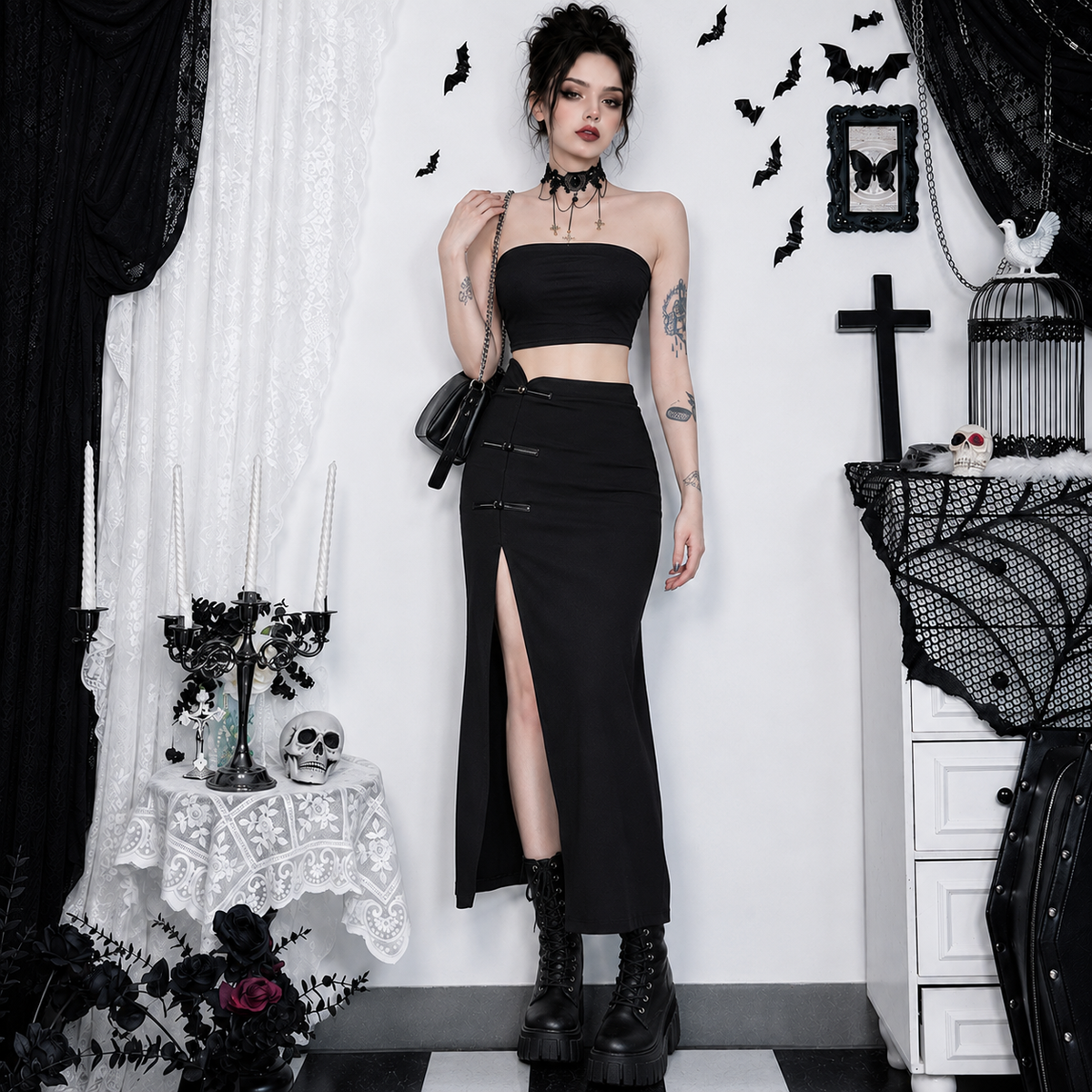 Gothic Black Side-Slit Maxi Skirt – alternate view 2