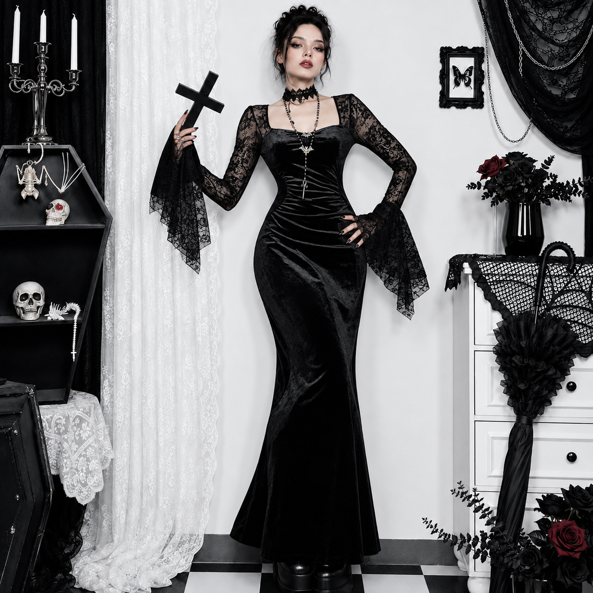 Black velvet gothic maxi dress with sheer floral lace bell sleeves, shown on a model