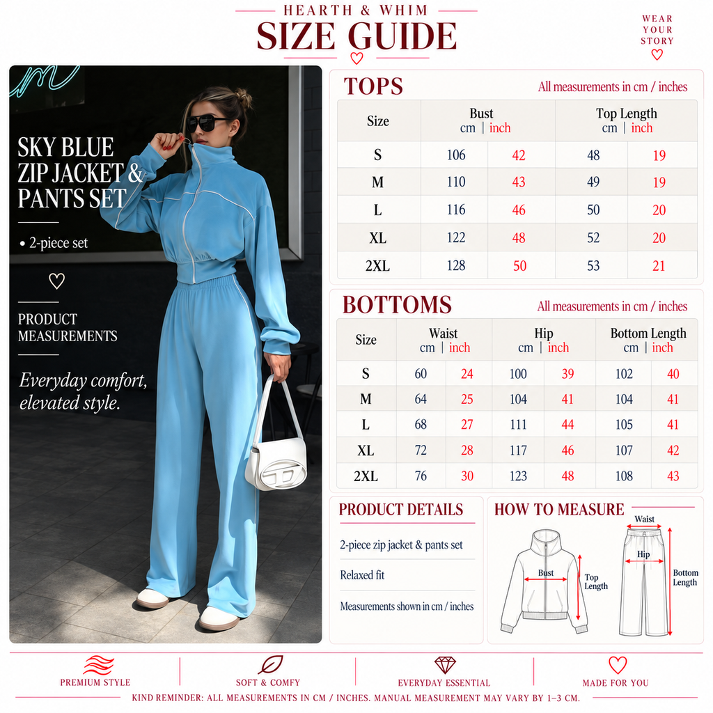 1. HEARTH & WHIM Contrast-Piping Track Jacket and Wide-Leg Pants Set size guide with top and bottom measurements in cm and inches