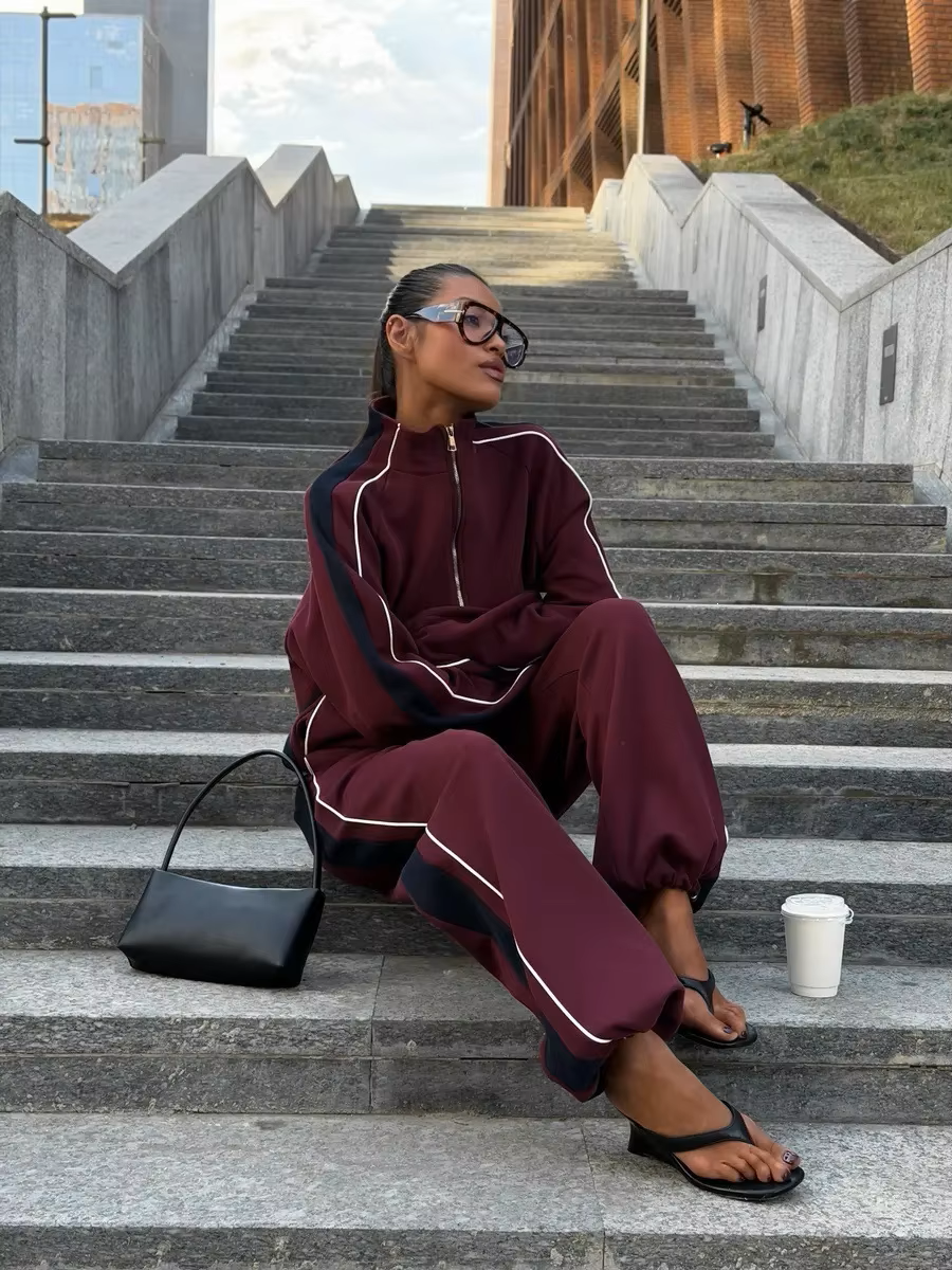 Burgundy contrast stripe tracksuit with navy sleeve panels, zip track jacket and wide-leg pants