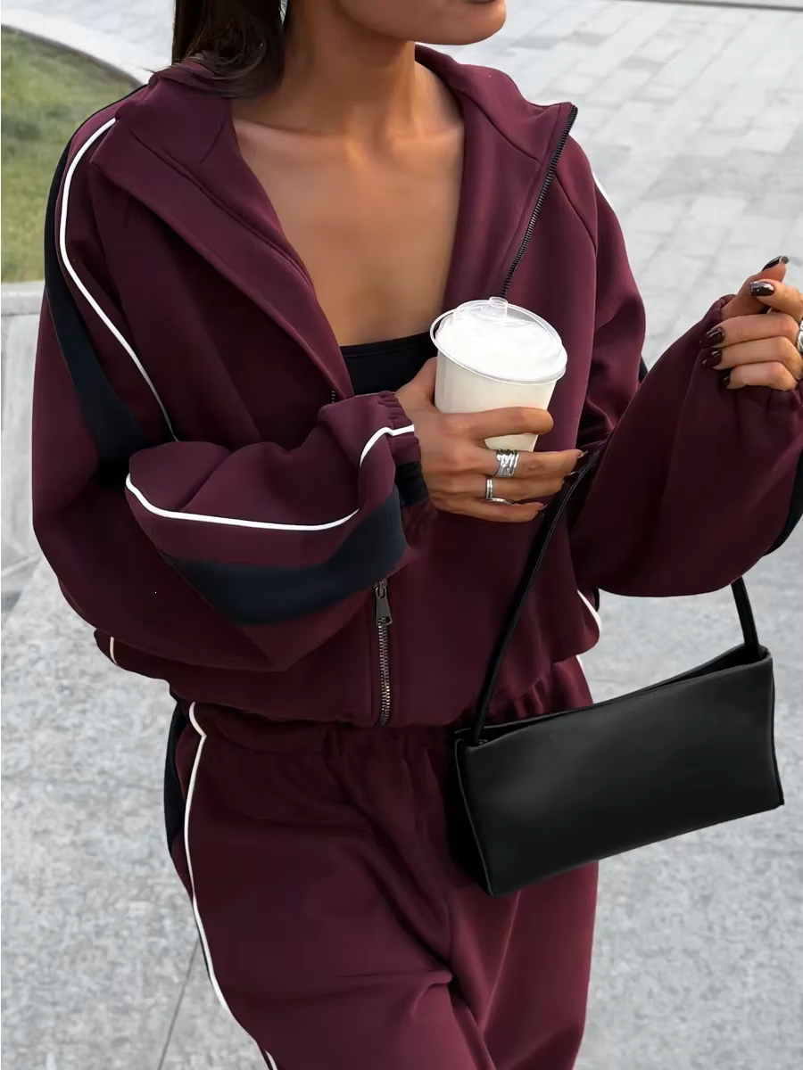 Burgundy contrast stripe tracksuit with navy sleeve panels, zip track jacket and wide-leg pants