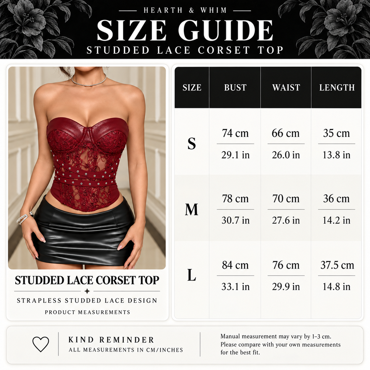 Two-tone studded lace corset top with sheer floral panels, sweetheart cups and harness-style wrap bands