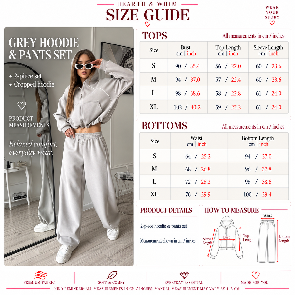 Size Chart: Drawstring-Hem Zip Hoodie & Wide-Leg Pants Set
