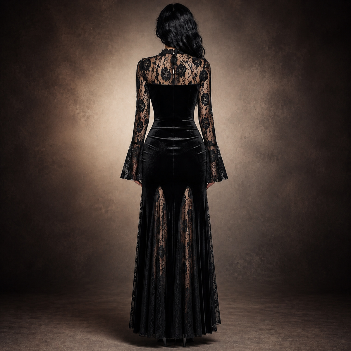 Three-quarter view of Nocturne gothic velvet lace maxi dress