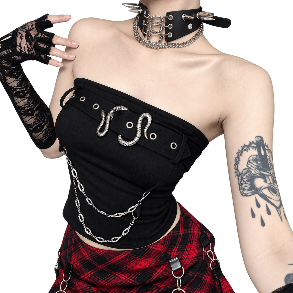 Black strapless gothic tube top with snake hardware and hanging chain details