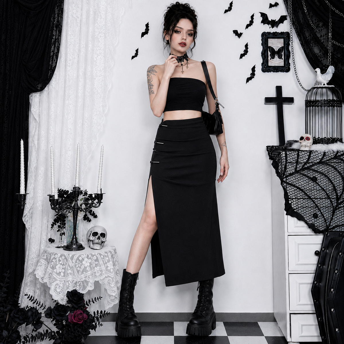 Gothic Black Side-Slit Maxi Skirt – product view