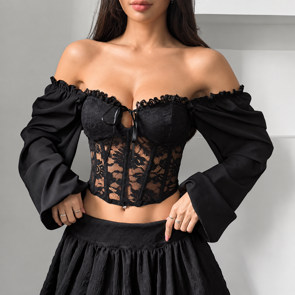 Women's lace corset top styled off shoulder with defined cups and sheer floral bodice