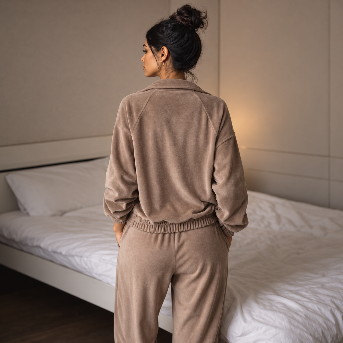 Back view of taupe velour zip jacket and relaxed pants matching lounge set