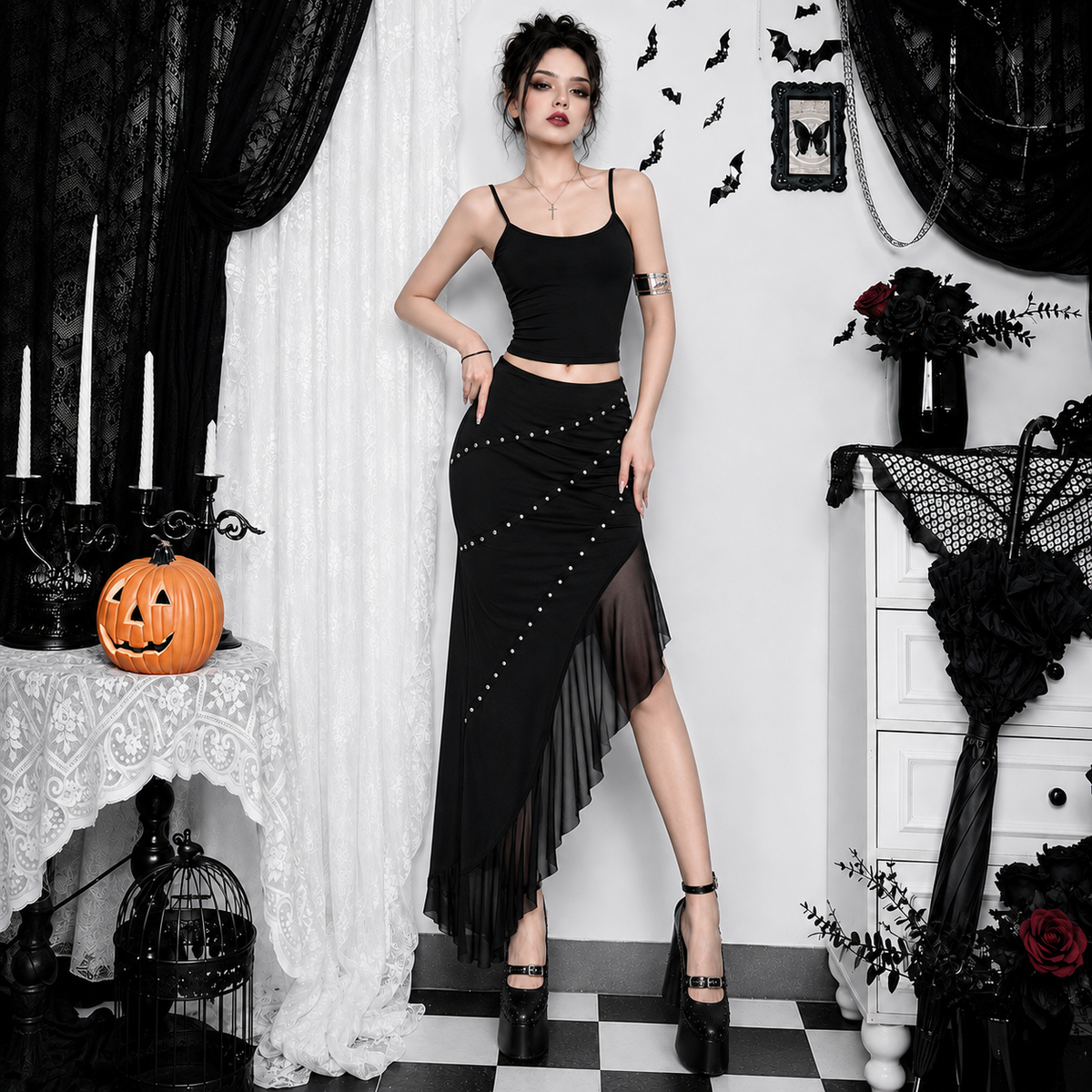 Gothic Studded Cami Top & Asymmetrical Mesh Skirt Set – product view