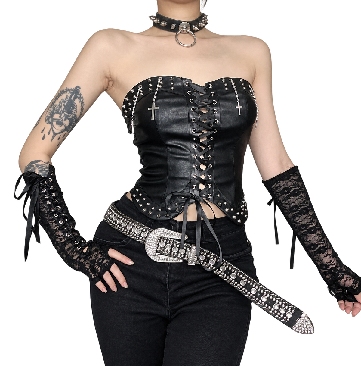 Black studded corset top with PU leather finish and lace-up front
