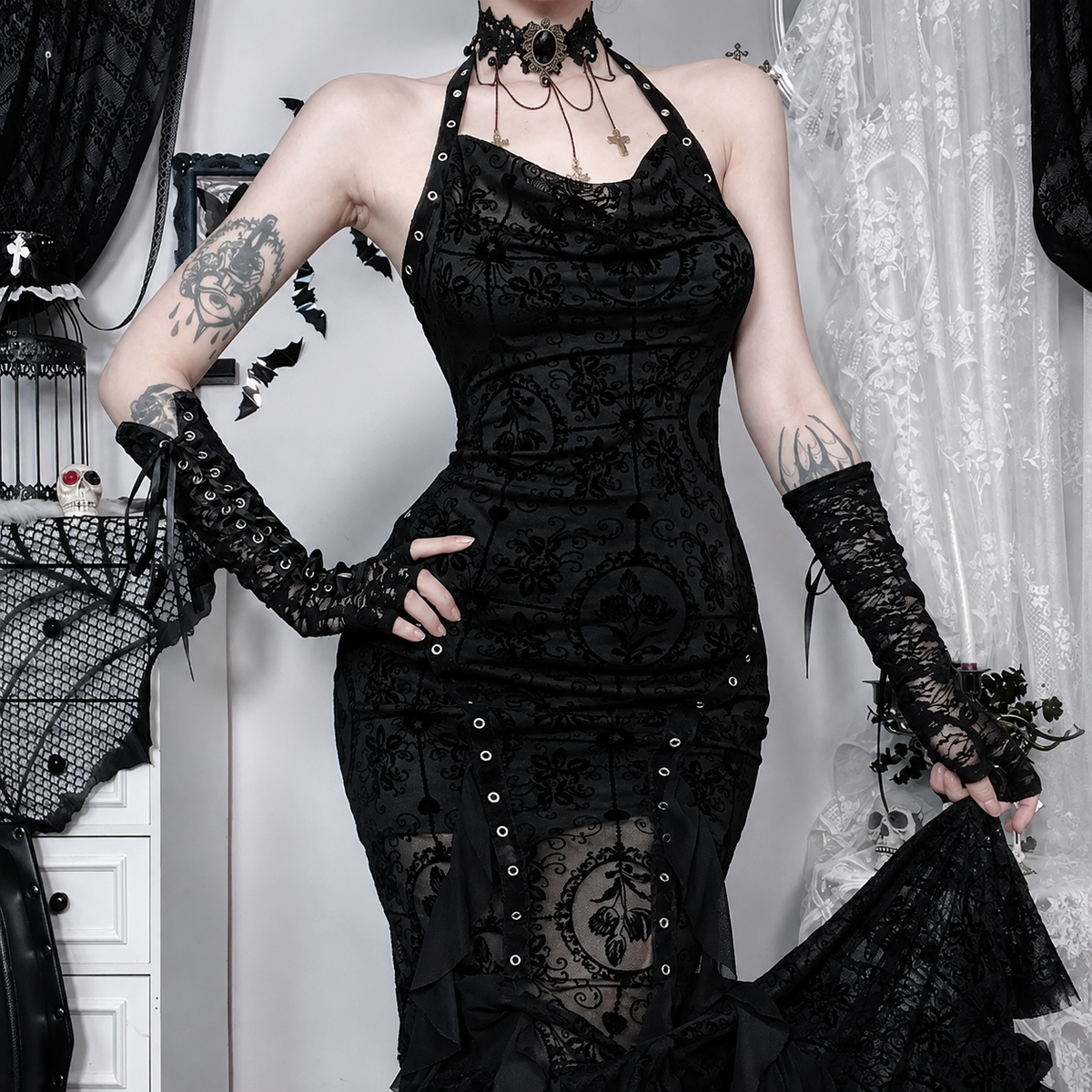 Gothic Flocked Mermaid Maxi Dress – alternate view 2