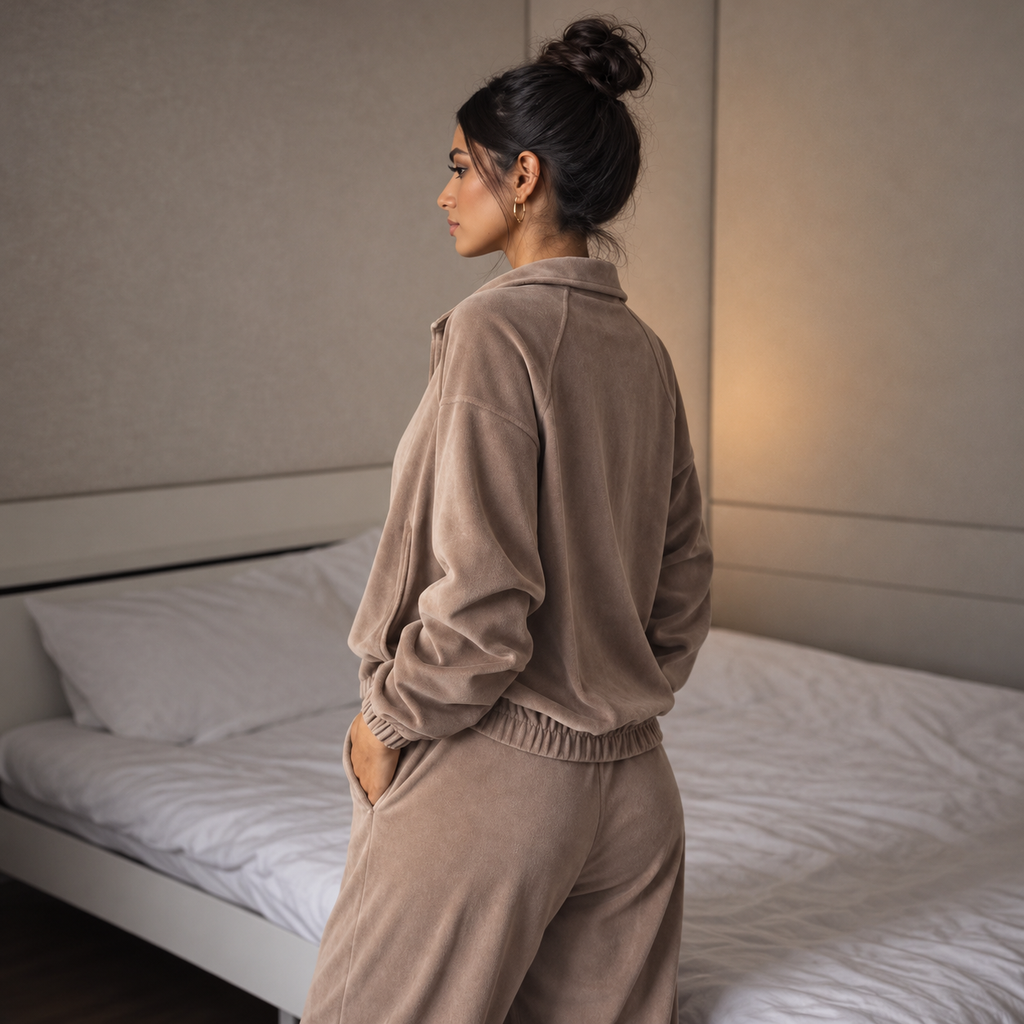 Taupe velour two-piece lounge set side-back view showing relaxed jacket and full-length pants
