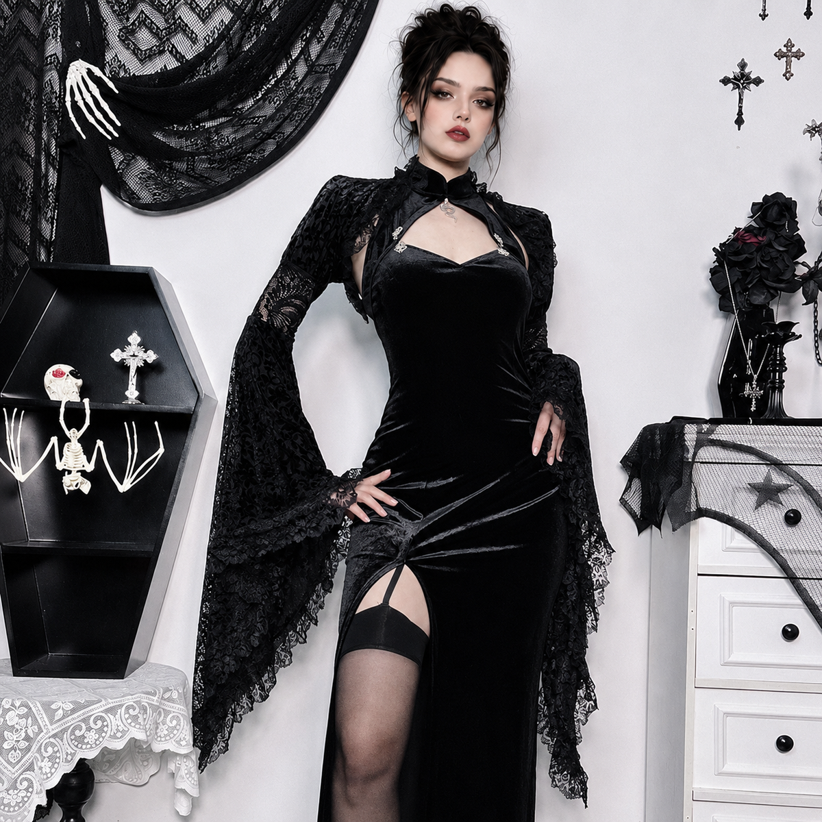 Gothic Black Velvet Qipao Dress or Lace Bolero – alternate view 2