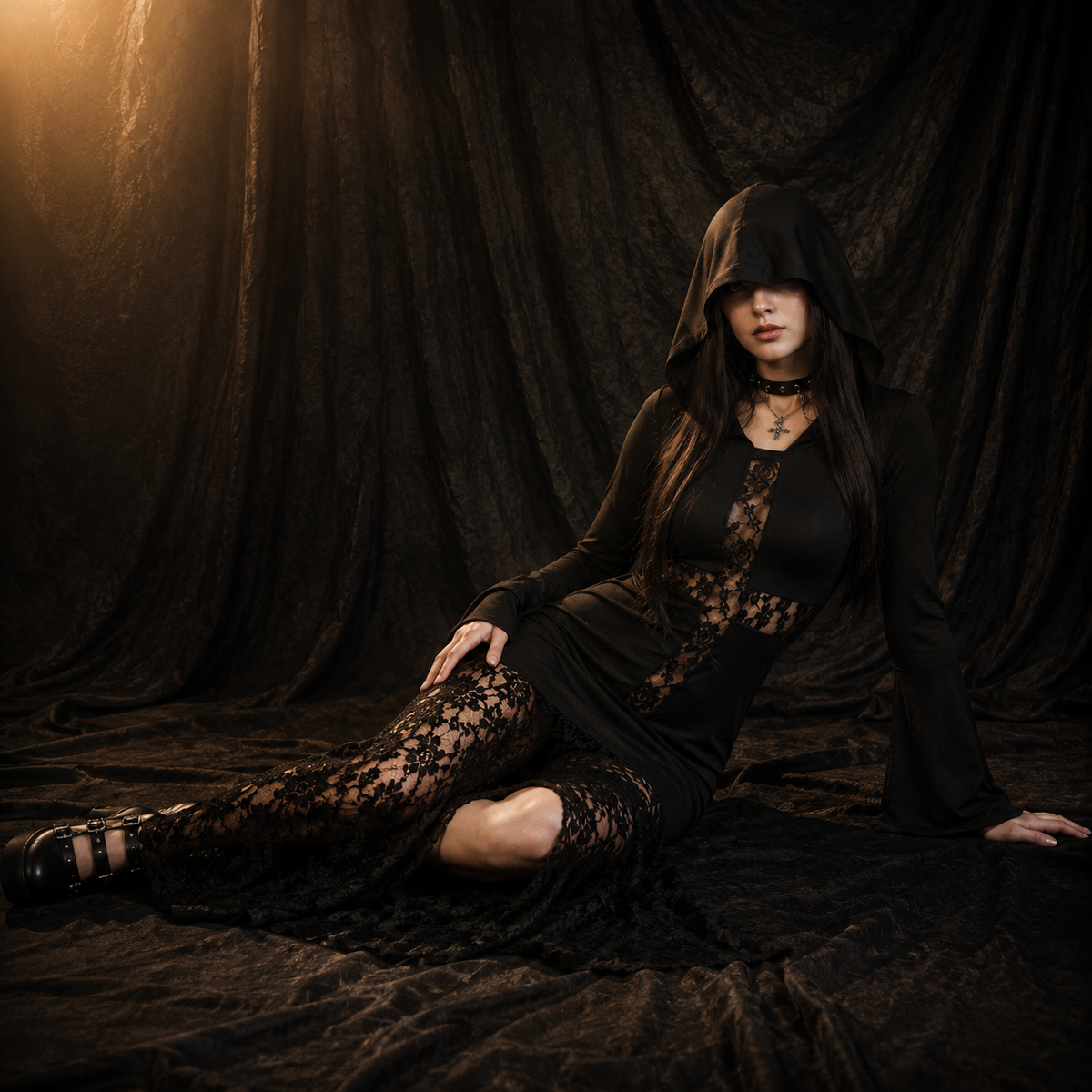 Nocturne Sexy Gothic Lace Maxi Dress – product view