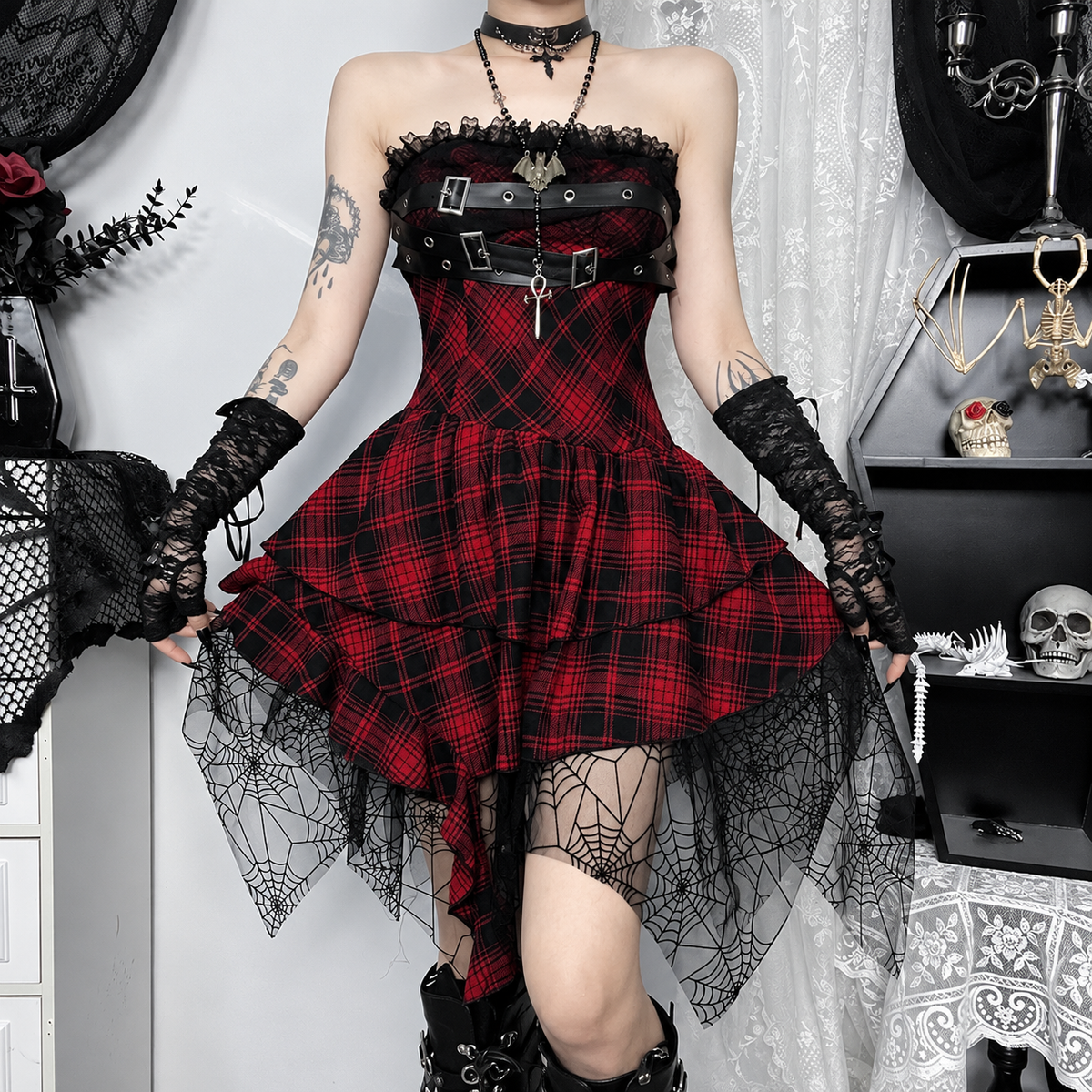 Red Tartan Gothic Corset Dress – product view