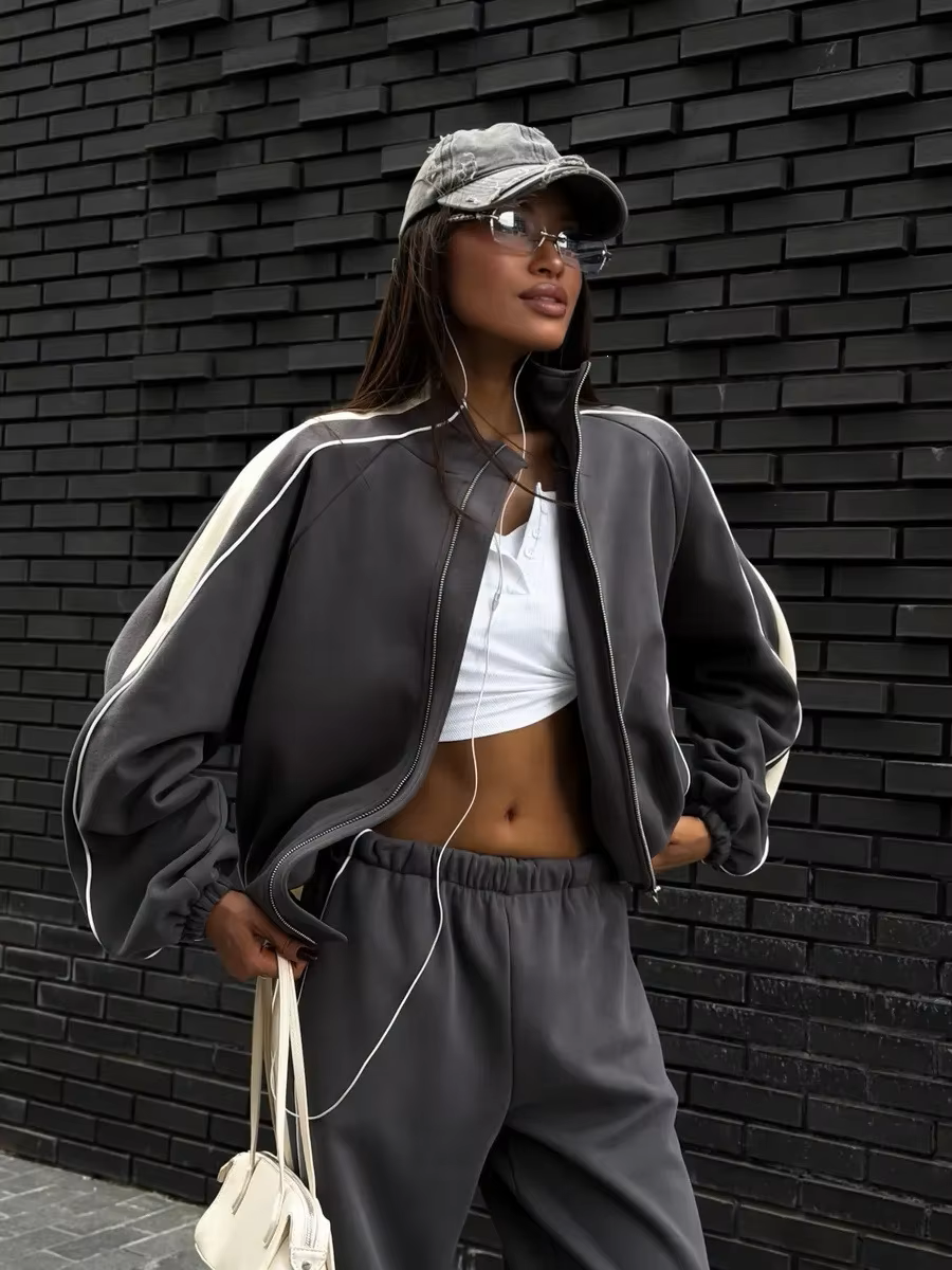 Charcoal and cream colorblock track jacket pants set with sporty side stripes and relaxed fit
