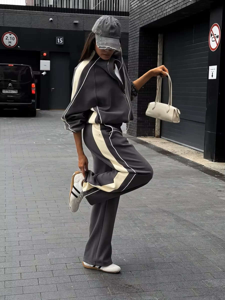 Charcoal and cream colorblock track jacket pants set with sporty side stripes and relaxed fit