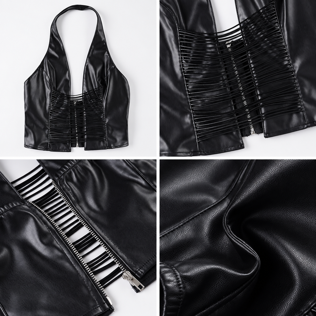 Black faux leather halter top detail collage showing strappy cutout front, zipper and leather-look texture